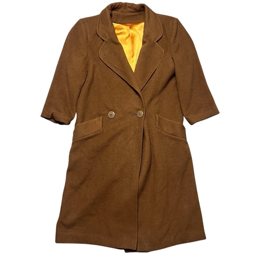 Vintage Chocolate Brown Cashmere Wool Long Coat Button Front Gold Satin Lining